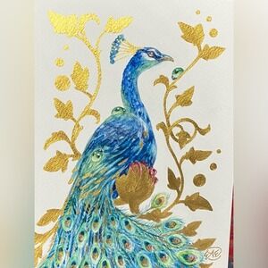 Original painting Peacock bird Art Gold Embellishment surrealism by artist EAE